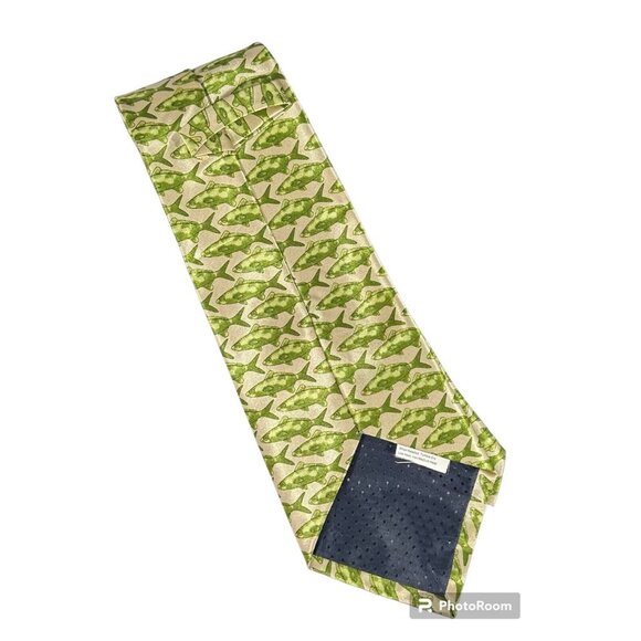 Fishing Fish Necktie Mens Green Gold Fathers Day Dad Pisces Wedding Tie Outdoors - Picture 9 of 11